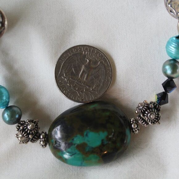 Sterling Silver, Natural Turquoise 24 " Necklace - Picture 6 of 11